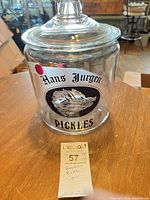 Front view showing Hans Jurgen Pickles label on jar