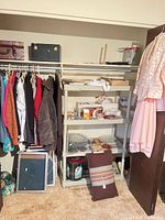 Closet overview with hanging clothes, cases on upper shelf, shelving unit with items