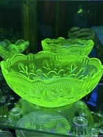 Bowl glowing under UV light showing uranium content