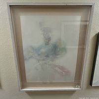 Full view of framed abstract art showing artwork, mat, and whitewashed wood frame
