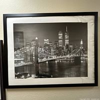 Full view of framed black-and-white New York skyline photograph with Twin Towers