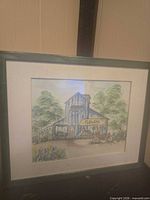 Full view of framed watercolor artwork showing barn scene