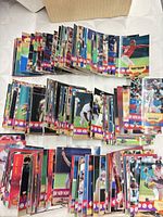 Multiple stacks of Score Select baseball cards laid out