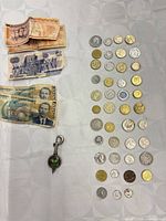 Overview of coins, banknotes and key-chain