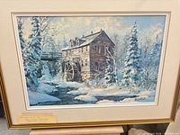 Full view of framed textured print showing sawmill winter scene