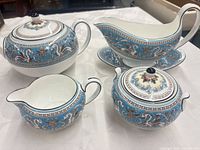 Full set showing teapot, creamer, sugar bowl and gravy boat with underplate