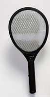 Front view of black electric bug zapper racket showing mesh grid and handle
