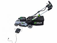 Mower assembled with battery installed, charger and cord shown separately