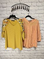 Front view of both Doe & Rae tops on hangers