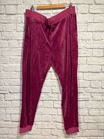 Front view of magenta velvet sweatpants on hanger