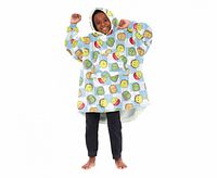 Full view of wearable blanket on model showing design and fit