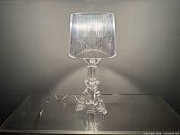 Front view of clear acrylic table lamp showing shade and base