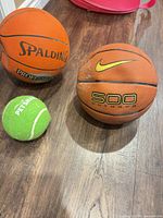 Group view of Nike 500 Outdoor basketball, Spalding Professional basketball, PetSmart tennis ball on floor