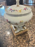 Angled view showing entire covered bowl on gilt base