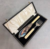 Knife and fork in fitted case showing interior satin and velvet