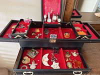 Full view of jewelry case showing all pins and watches