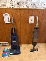 Sanicare upright vacuum, Hoover Quik-Broom vacuum, both manuals, pack of bags