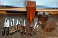 Overall lot with knives, block, Visions cookware
