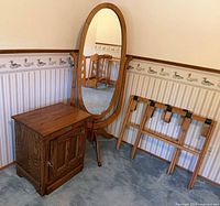 Cheval mirror, cabinet and both luggage racks together