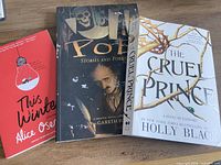 Front covers of three novels: This Winter, Poe: Stories and Poems, The Cruel Prince