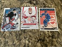 All three Dominik Hasek hockey cards laid out on countertop: holographic Sabres card, MVP Red Wings card, Franchise card