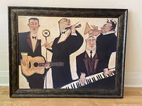 Full view of framed Clifford Bailey painting depicting jazz musicians