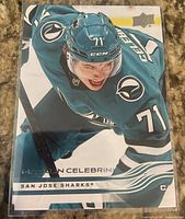 Front of Macklin Celebrini Upper Deck 2025-26 hockey card