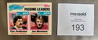 Front of 1982 Topps Passing Leaders card #257 showing Ken Anderson and Joe Montana images