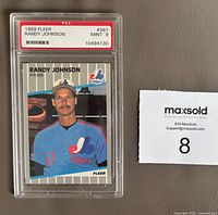 Front view of PSA-slabbed 1989 Fleer Randy Johnson rookie card, label visible showing grade Mint 9