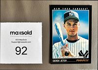 Front of Derek Jeter rookie card showing image, card number and Pinnacle branding
