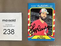 Front of autographed Jeff Reardon Fleer card with black Sharpie signature, MaxSold lot number visible