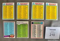 Front view of seven O-Pee-Chee hockey checklist cards