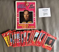 Stack of red-border 1971 OPC CFL cards spread out with Carney Henley insert poster above