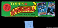 Side view of 1990 Topps Baseball Complete Set box showing branding and sample cards