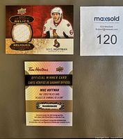 Front of Mike Hoffman Jersey Relics patch card and Official Winner card