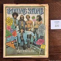 Front cover showing Rolling Stone logo, date, issue number 198, Eagles photo, missing rear corner