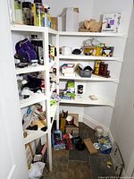 Full view of closet shelving with assorted items