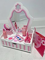 front view of vanity with accessories displayed