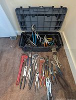 Overall view of toolbox open with tools inside and tools laid out in front