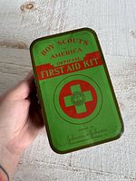 Top view of Boy Scouts of America First Aid Kit tin showing graphics
