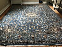 Full view of blue Persian style rug on floor