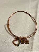 Full view of copper-tone Alex & Ani bangle showing heart and logo charms