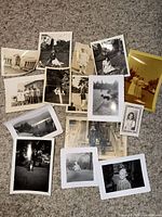 Overview of all vintage photographs laid out on carpet