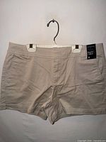 Front view of tan Hampton shorts showing tag and pockets
