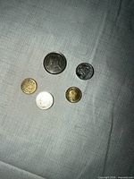 Five assorted coins on fabric including large silver-tone Asian script coin, small silver portrait coin, two brass coins, one gold-tone coin