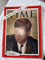 Front cover of January 5 1962 Time magazine with JFK portrait, mailing label, wear visible
