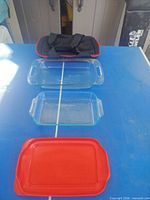 Full set laid out: carrier, two dishes, one lid visible
