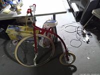 Full side view of bicycle under table