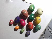 All thirteen polished stone eggs grouped together on tabletop