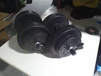 four assembled black adjustable dumbbells visible (two pairs shown)